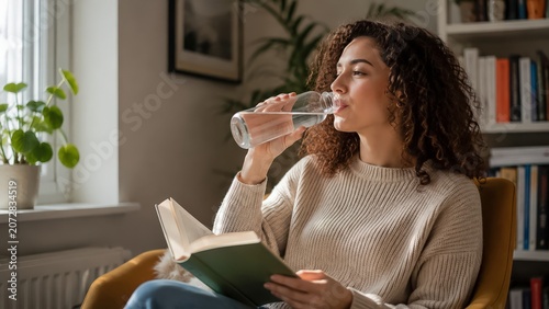 Relaxed Reading with Refreshment woman with curly hair enjoys a moment of quiet leisure, reading a book and taking a sip of water from a bottle, nestled in a cozy chair by the window.