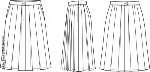 Foto Buttoned pleated midi skirt fashion technical flat sketch template