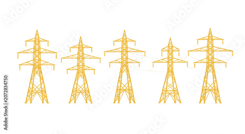 Five yellow electrical transmission towers standing in a row, symbolizing power and energy infrastructure.