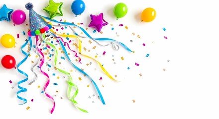 Party hat with colorful streamers and scattered confetti.