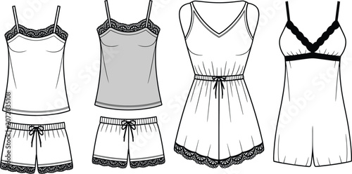 Obraz na plátně Women lace camisole shorts and sleepwear fashion technical sketches