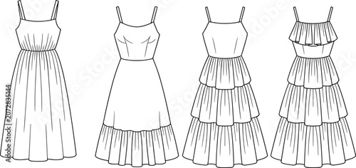 Cuadro en lienzo Women sundresses and tiered dresses fashion technical sketches collection