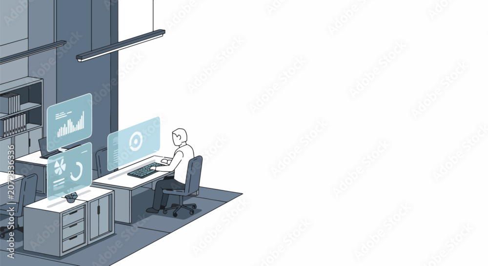 Fototapeta premium Man working with multiple virtual data screens in a modern office, analyzing business intelligence and digital metrics for technology and productivity.