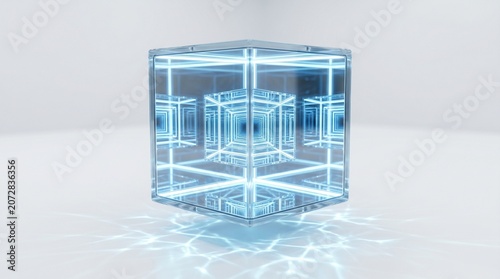 neon cube glowing box blue light optical illusion 3d art futuristic design transparent cube illuminated sculpture light installation modern art digital art neon lights glowing cube