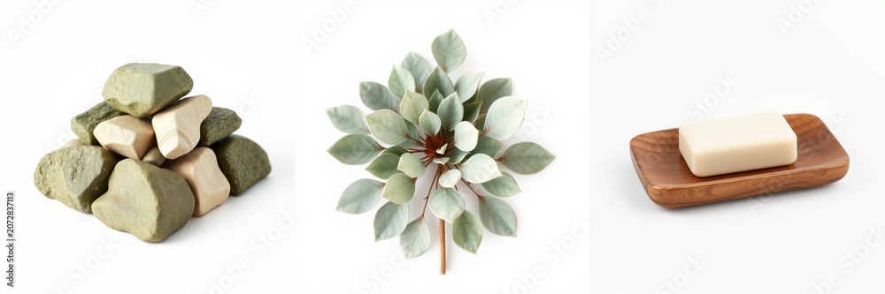 Fototapeta premium Rocks, foliage, soap presented. Minimalist aesthetic, neutral tones dominate composition. Clean background enhances focus on objects.