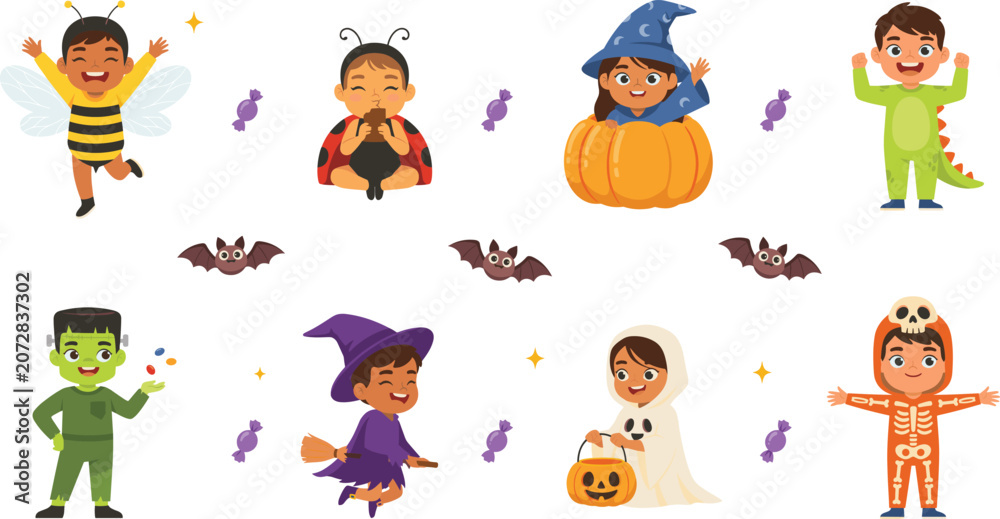 Fototapeta premium Cute Halloween Kids Costume Sticker Set with Diverse Children Dressed as Witch Ghost Skeleton Frankenstein Pumpkin Bumblebee and Dino Vector Designs