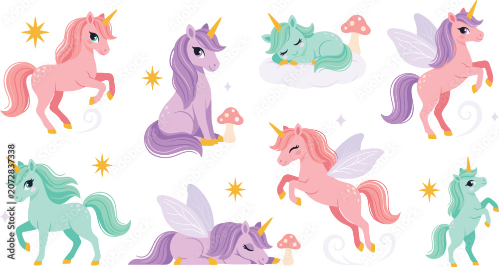 Naklejka premium Cute Pastel Unicorn and Pegasus Character Set with Flying Sleeping and Rearing Fairytale Ponies Mushrooms and Magic Stars Vector Graphic Illustration Designs