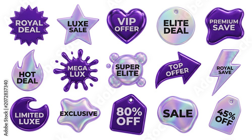 3d glossy purple and iridescent promotional tags and labels set isolated on transparent background