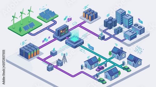 Isometric Smart Energy Grid with Wind Turbines Solar Panels Battery Storage and City Distribution