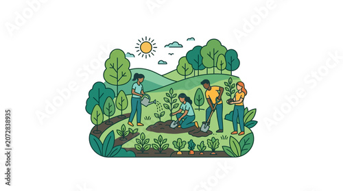 Obraz na płótnie Woman planting trees in community garden, reforestation activity, modern minimal