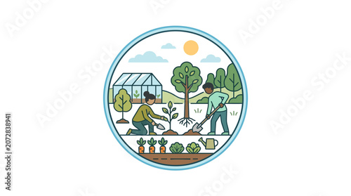 Fotografie Modern minimalist vector illustration of community gardening and reforestation a