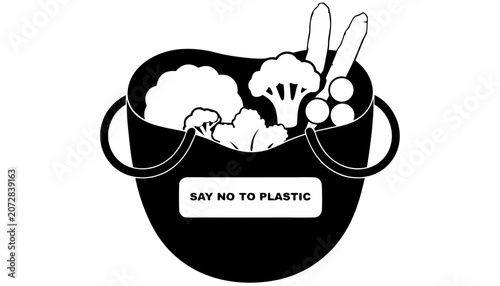 Φωτογραφία Very beautiful black and white vector illustration of an organic market tote bag featuring monochrome styling and a label reading SAY NO TO PLASTIC, isolated on white background