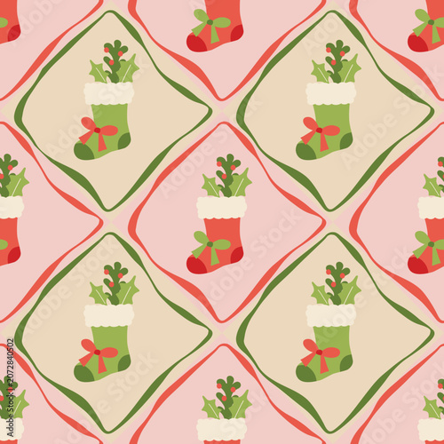 Vector Seamless Christmas Pattern with cute Socks, bows, spruce branches