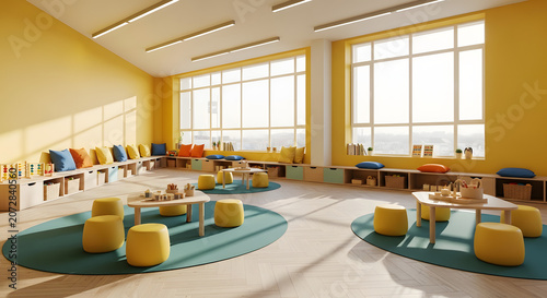Preschool Classroom Interior with Modern Yellow Furniture and Toys