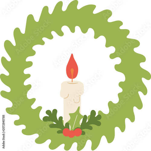 Vector Christmas wreath with cute candle and spruce branches decor