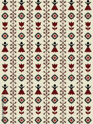 Traditional Folk Art Seamless Pattern with Dancing Figures and Floral Motifs