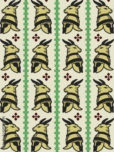 Seamless Pattern with Medieval Helmet and Goat Head Motif