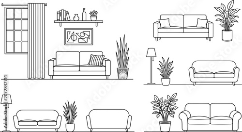 Картината върху платно Modern living room furniture vector set with outline sofas floor lamps and indoo