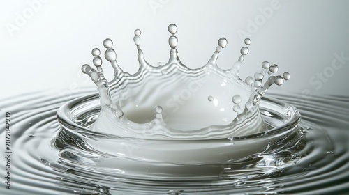 Crown droplet splash water impact creating symmetrical liquid spikes with concentric ripples radiating from center point professional macro photography detail