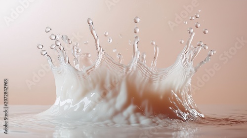 Milk crown macro photography dynamic liquid splash formation with droplets frozen in motion creating three-dimensional structure against soft background