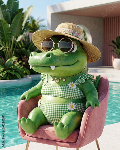 Cute crocodile leather doll in swimsuit at the swimming pool