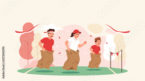 Balap karung traditional sack race game vector illustration for Indonesia Independence Day celebration