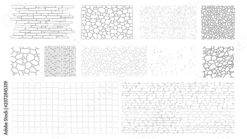 Architectural stone and brick texture pattern set with paving, masonry, gravel and rock surface drawings in clean CAD line art style for plans and elevations
