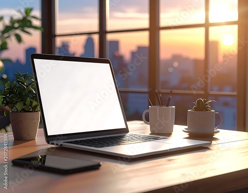 Laptop on desk with city view.