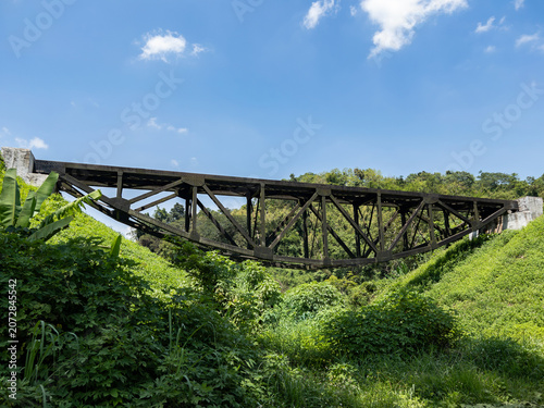 Foto Historic inverted truss railway bridge over green valley
