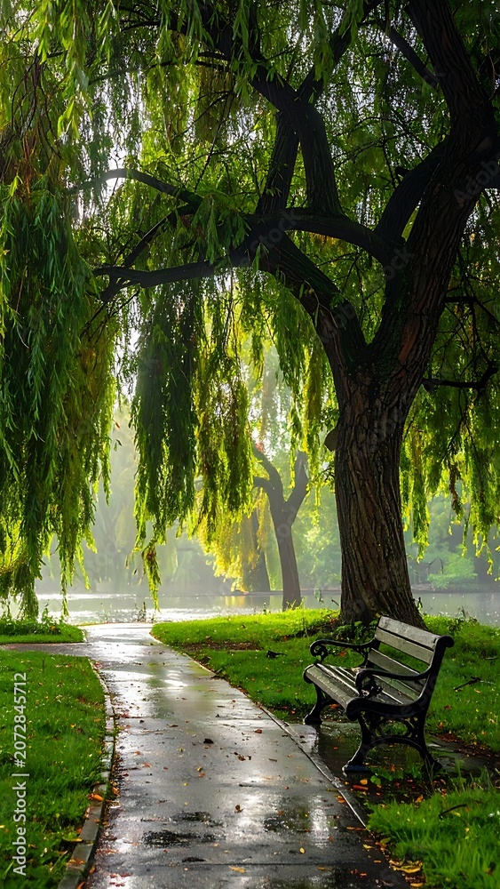 Fototapeta premium Peaceful park scene with green trees.