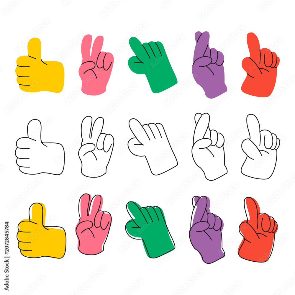 Fototapeta premium Set of colorful hand gesture icons with outline and solid styles isolated on transparent grid background for digital interface.