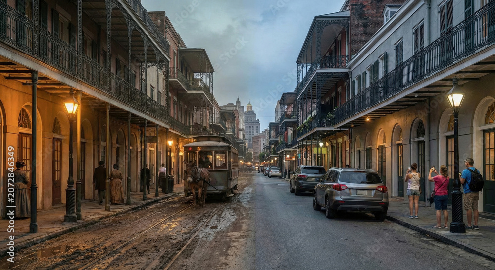 Fototapeta premium Evolution of New Orleans Street From Past to Present Day
