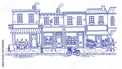 Foto Bustling street scene with shops people walking and a bicycle parked on the sidewalk in a detailed blue ink hand drawn doodle sketch style on a white background