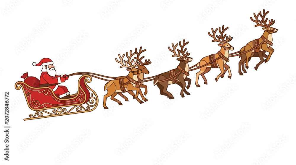 Fototapeta premium Ilustração vetorial do Papai Noel em seu trenó vermelho puxado por renas voadoras, isolado em fundo branco, perfeito para designs de cartões e decorações de Natal.