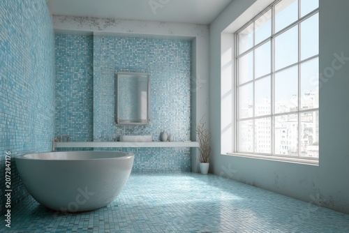 Modern bathroom with mosaic tiles and large window.