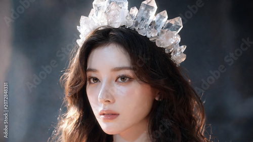 Beautiful young Asian woman with long dark wavy hair wearing an elaborate raw crystal crown photographed against a moody grey stone background for fantasy fashion.