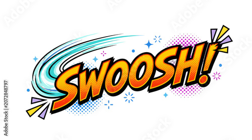 Dynamic comic book style swoosh text illustration featuring bold orange letters with blue motion lines and vibrant halftone dot patterns