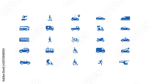 Set of blue transportation and travel icons representing various urban vehicles and people movement modes for logistics and navigation design projects Vector