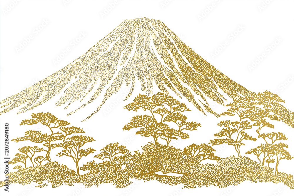 Naklejka premium Mount Fuji rises in elegant golden line art above stylized pine trees on a clean white background.