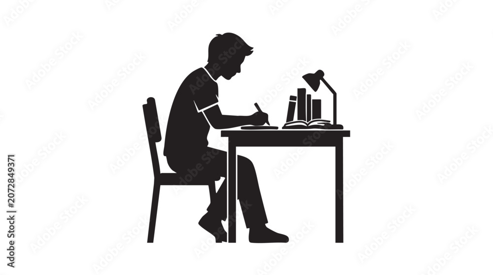 Fototapeta premium Student Sitting at Desk Writing in Notebook with Books and Lamp Featuring Study, Education, Learning with Focus and Concentration