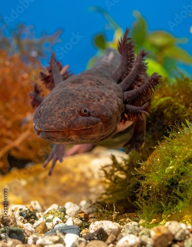 A close-up shot of a dark-colored axolotl in its aquatic habitat