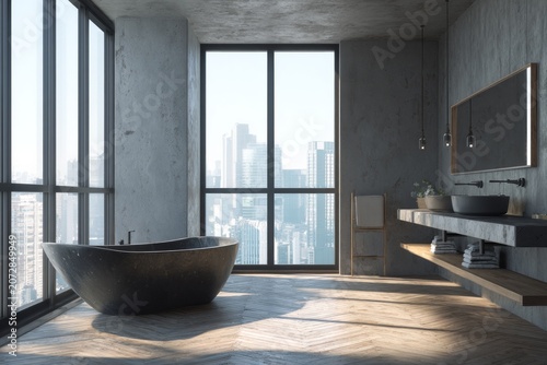 Modern bathroom with freestanding tub and city view.
