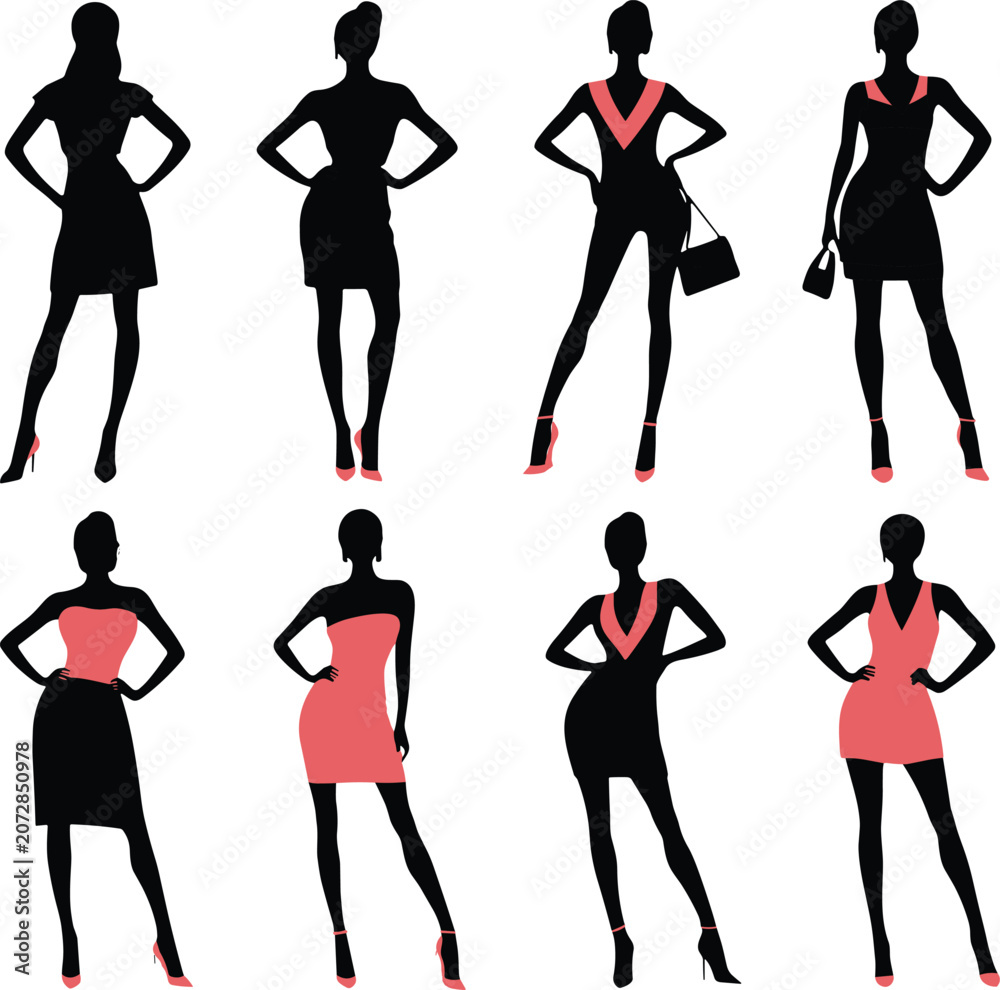 Fototapeta premium Collection of eight female silhouettes in dresses and heels vector illustration EPS PNG file
