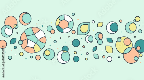 Ein modernes, abstraktes Vektormuster mit geometrischen Formen wie Kreisen, Halbkreisen und stilisierten Blättern in sanften Pastellfarben auf hellgrünem Hintergrund, ideal für kreative Designs.