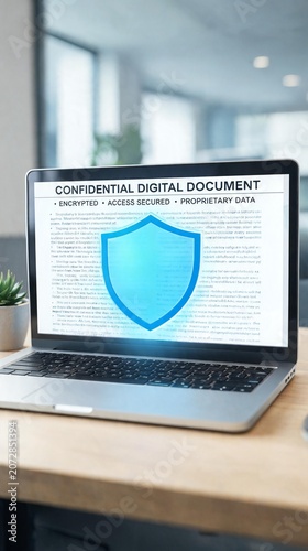 Close view of a laptop showing a confidential digital document protected by a bright blue shield icon, with encrypted access text in a softly lit contemporary office