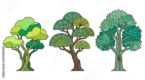 Eine Vektorillustration von drei stilisierten Bäumen mit grünen Blättern und unterschiedlichen Formen, ideal für Umwelt- und Naturprojekte.