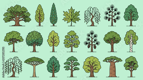 Eine vielfältige Sammlung von handgezeichneten Baumarten-Silhouetten in verschiedenen Formen und Größen, ideal für Natur- und Umweltdesignprojekte.