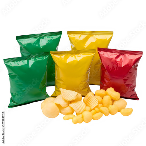 Colorful bags of potato chips with loose chips in front
