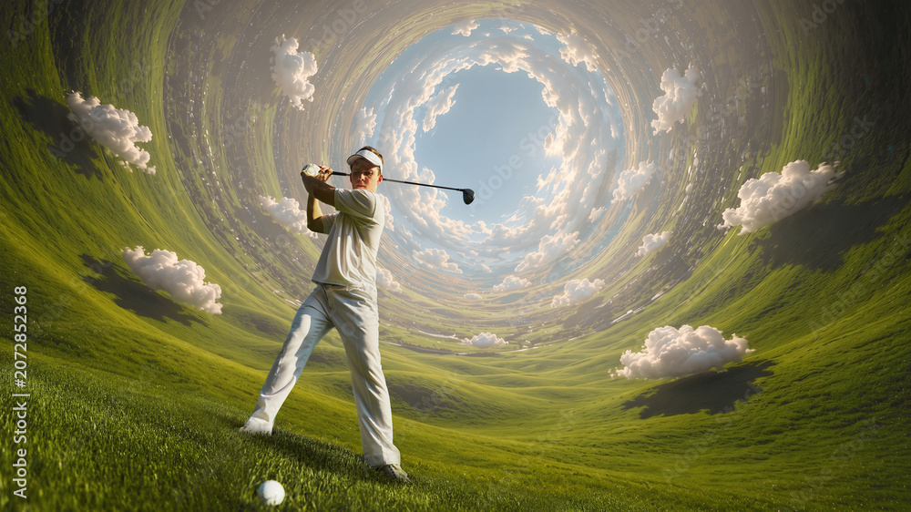 Fototapeta premium Golfer swinging club inside surreal circular green landscape tunnel. Concept of summer sport advertising, golf resort campaign, luxury lifestyle poster and travel promotion.
