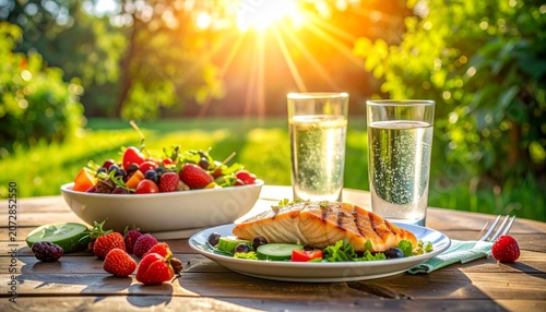 Elegant glass of champagne with fresh fruits on a restaurant table served with gourmet seafood and vegetables in a fine dining dinner setting